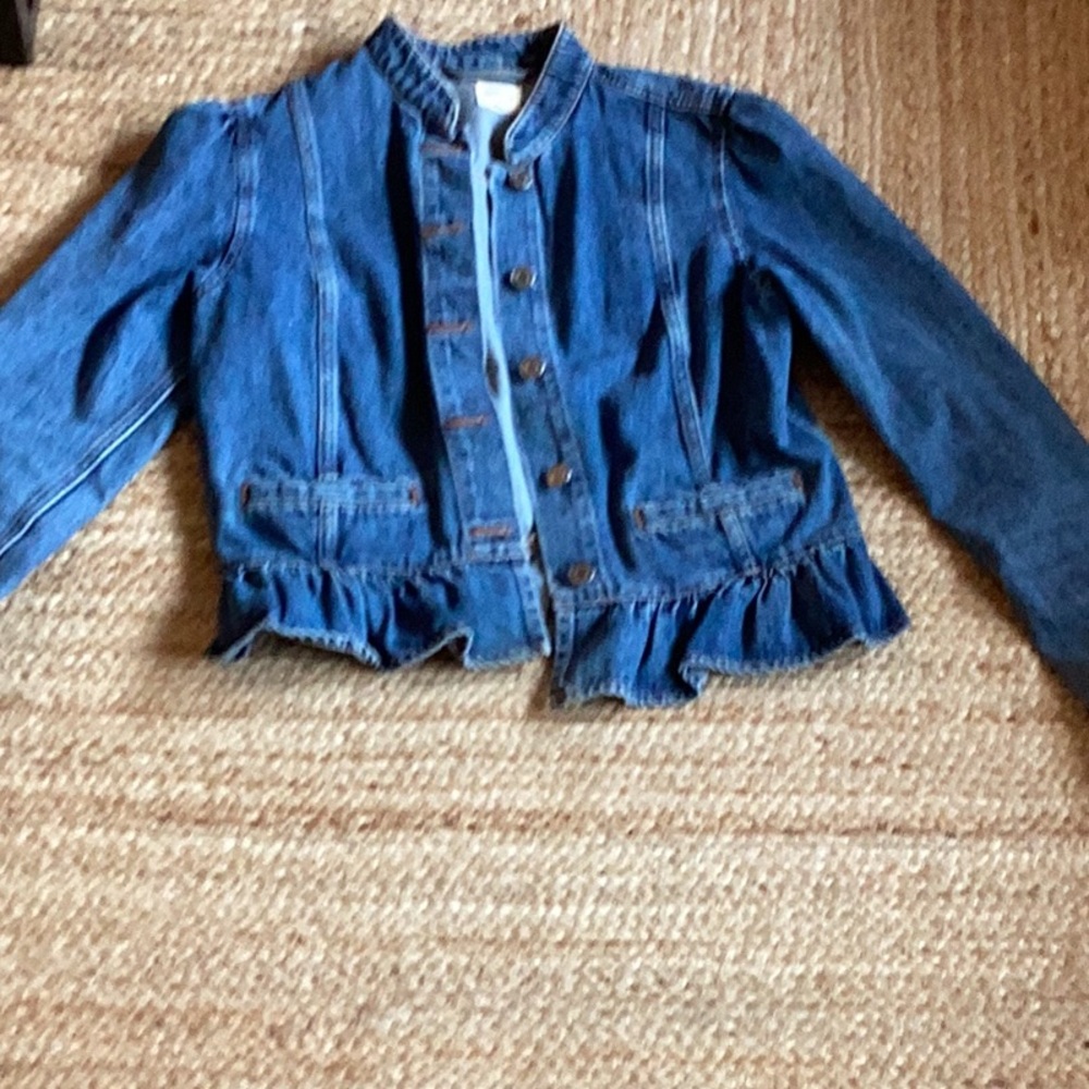 Women's Blue Denim Jacket with Ruffle Hem
